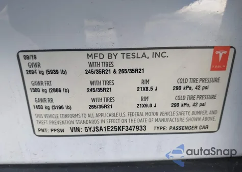 2019 Tesla Model S 100D/75D/Long Range/Standard Range from USA, damaged, VIN 5YJSA1E25KF347933